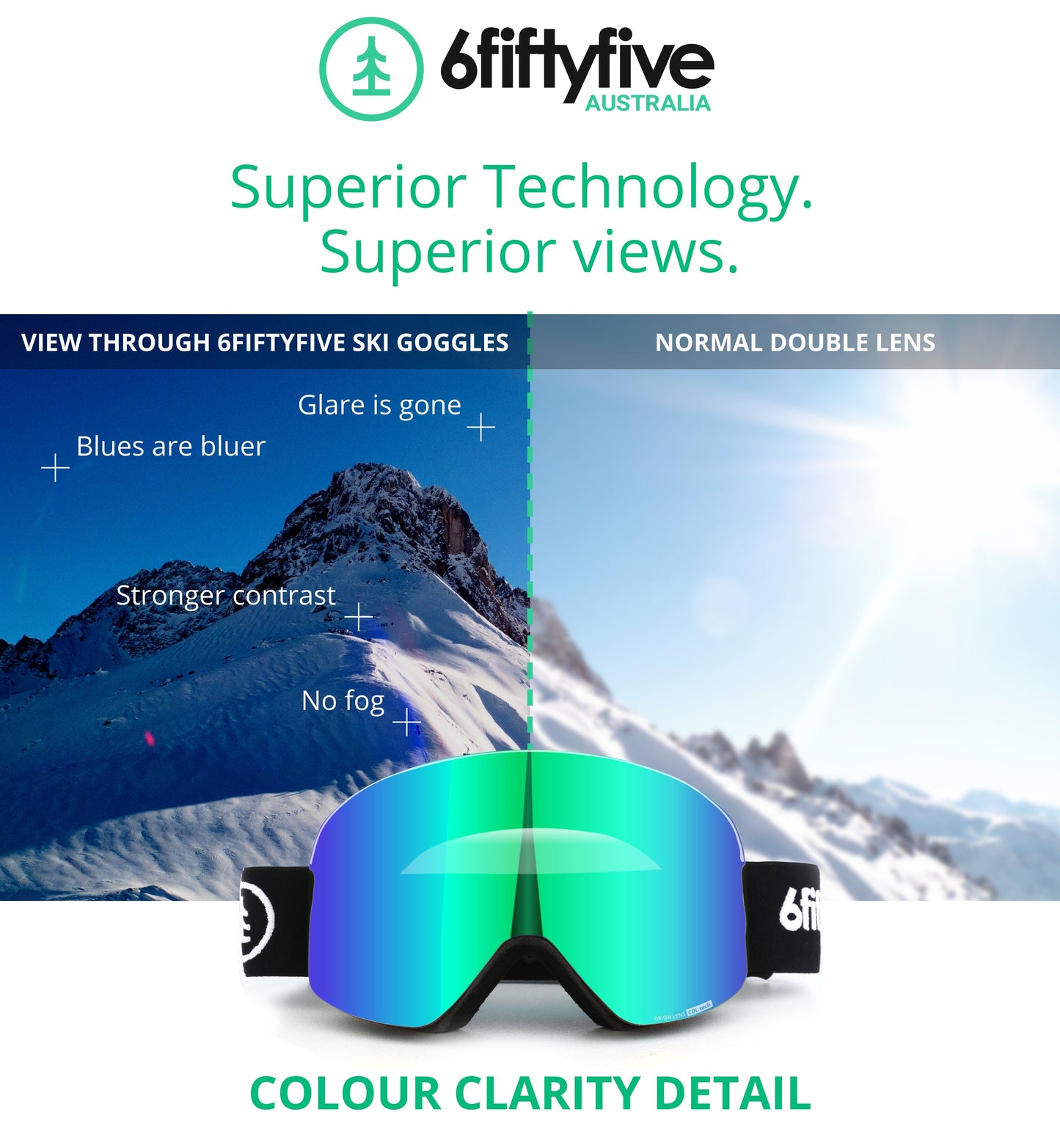 6fiftyfive | 6fiftyfive frameless ski goggles for men and women - multilayer, magnetic, full REVO - Green.