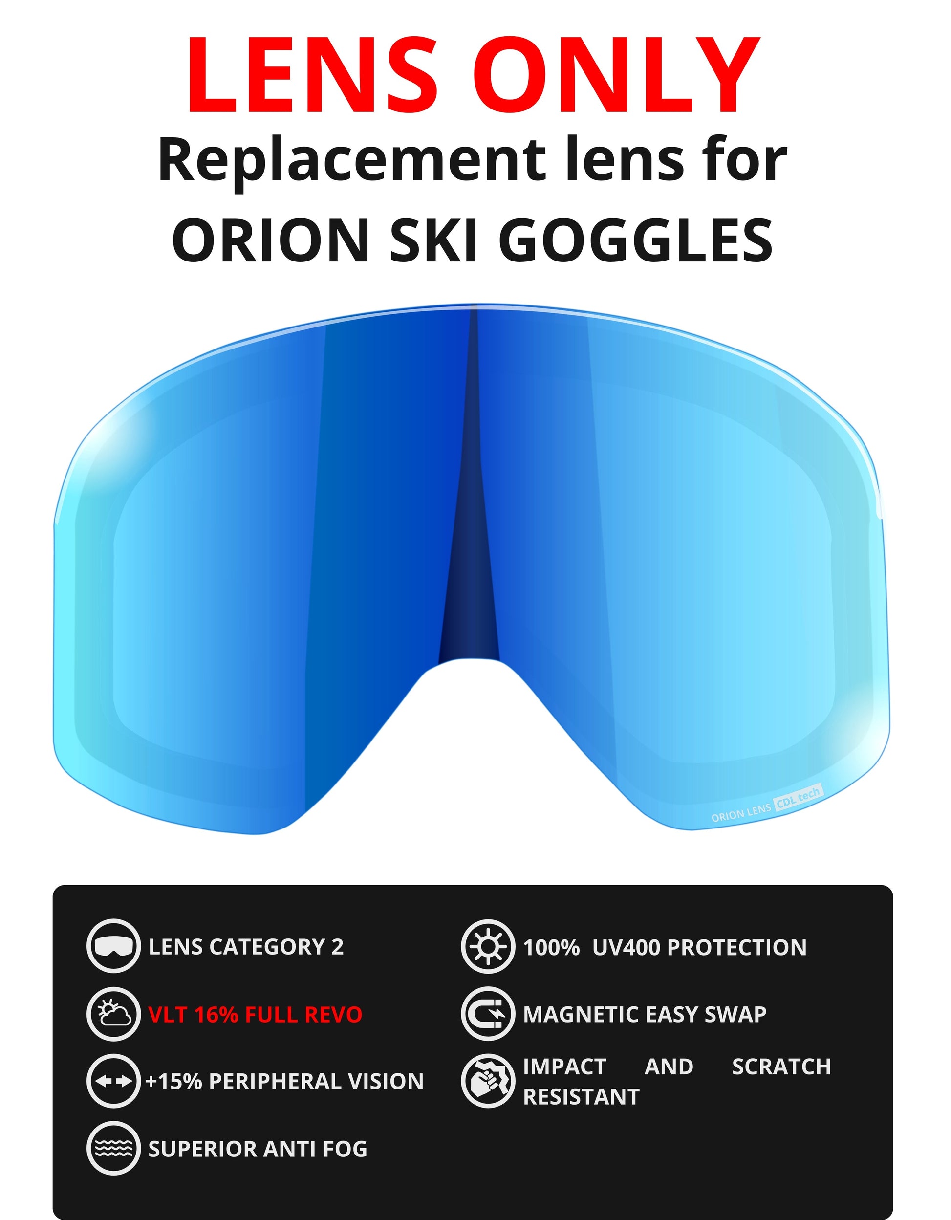 LENS ONLY - FULL REVO replacement lens for 6fiftyfive Orion ski goggles for men and women - VLT 16% - ICE BLUE - 6fiftyfive