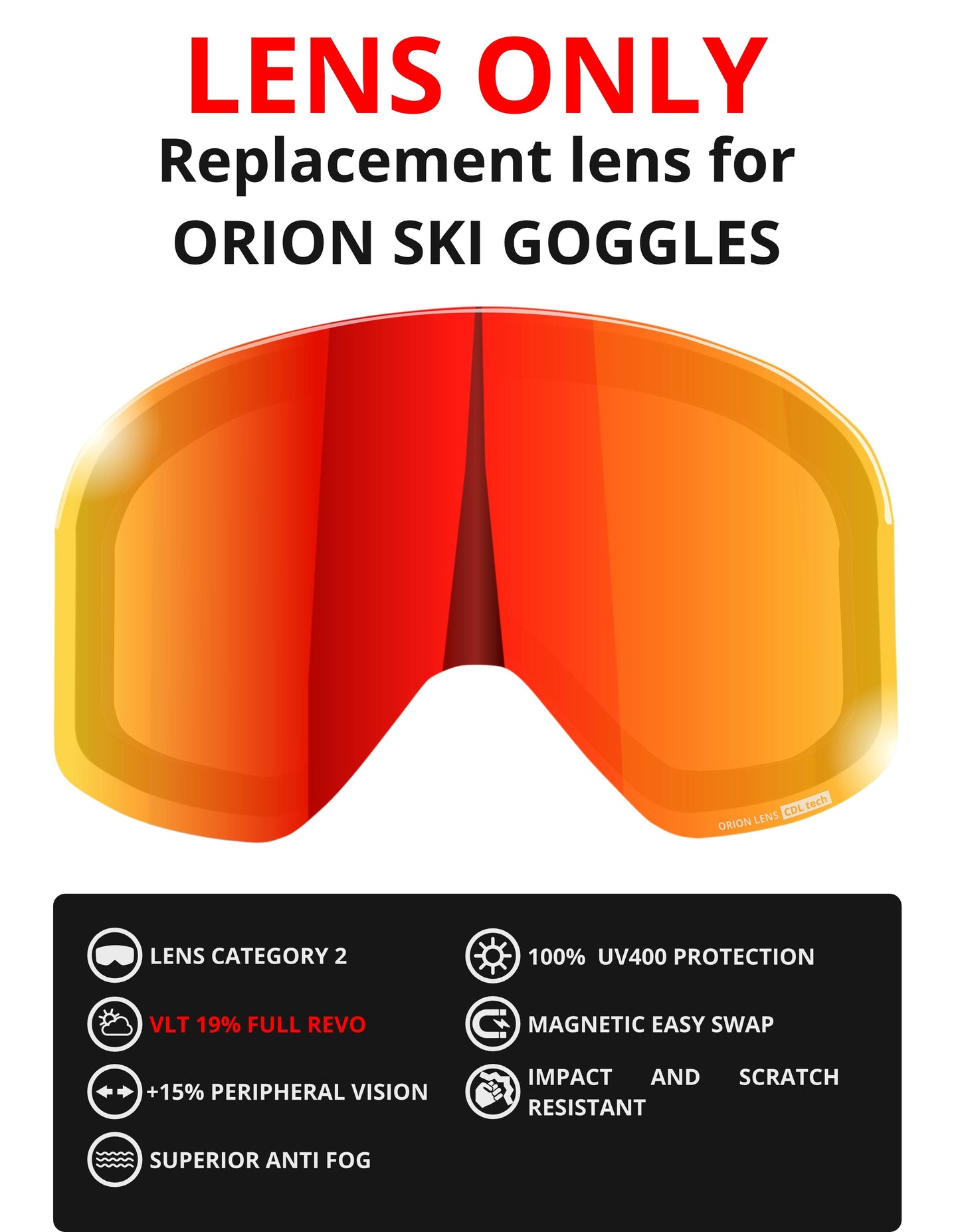 LENS ONLY - FULL REVO replacement lens for 6fiftyfive Orion ski goggles for men and women - VLT 19% - Fire Red - 6fiftyfive