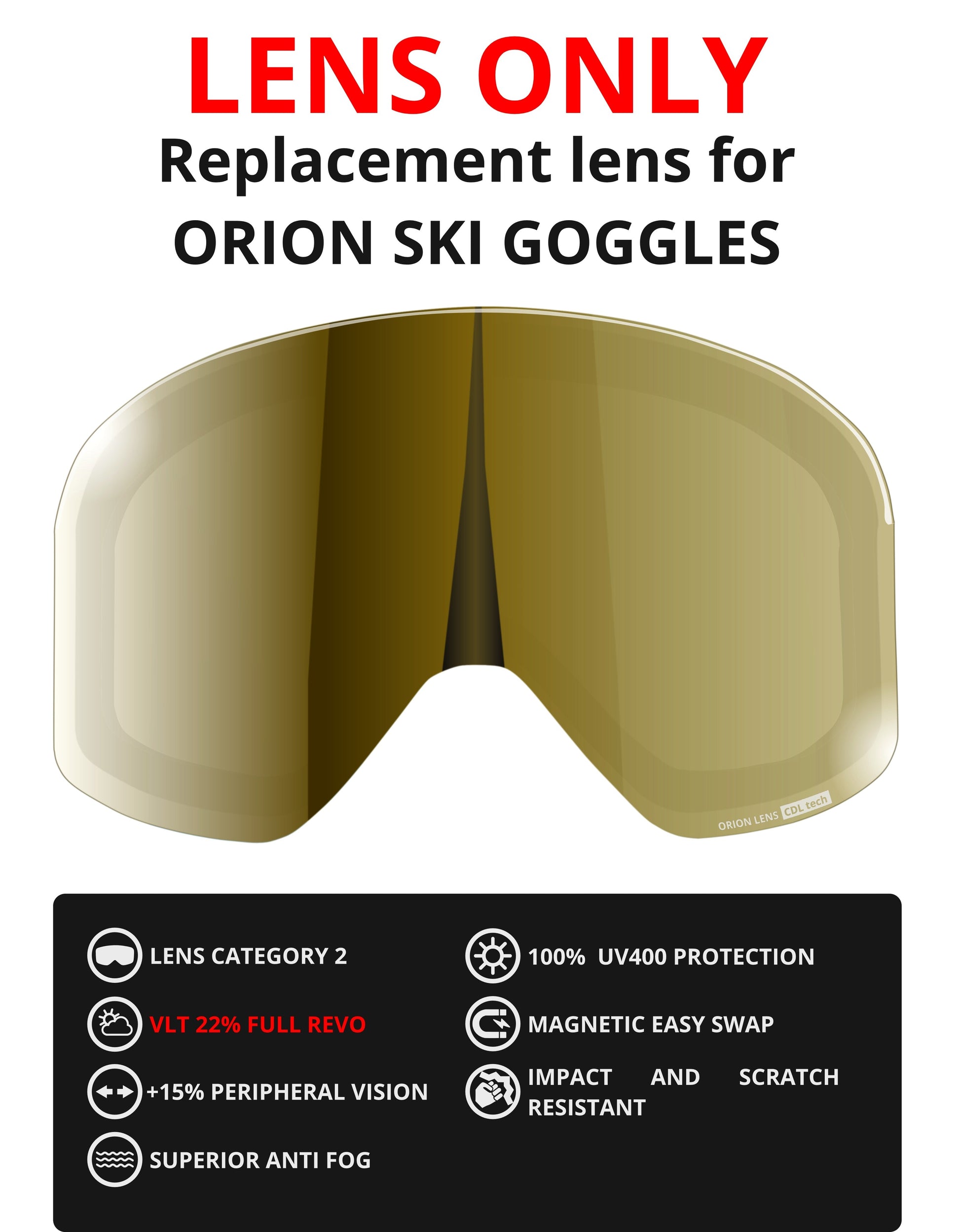 LENS ONLY - FULL REVO replacement lens for 6fiftyfive Orion ski goggles for men and women - VLT 22% - Gold - 6fiftyfive